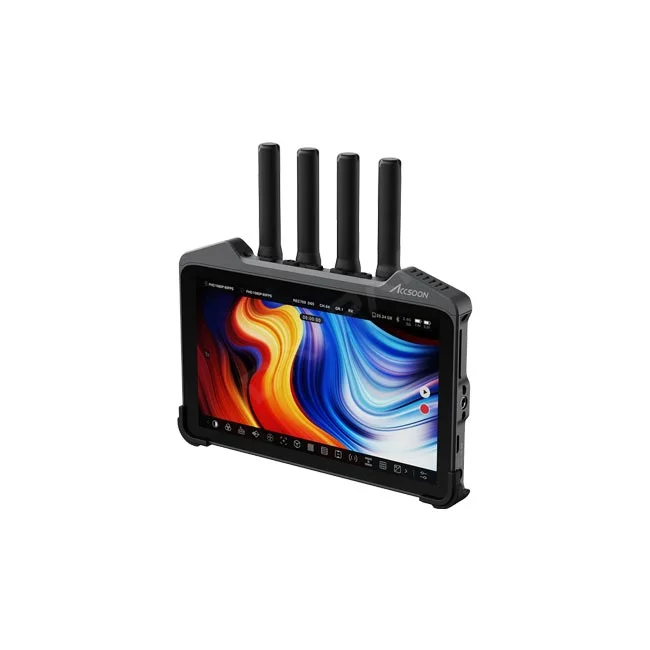 Accsoon CineView M7 Pro ワイヤレスモニターの正面・アンテナ装着状態