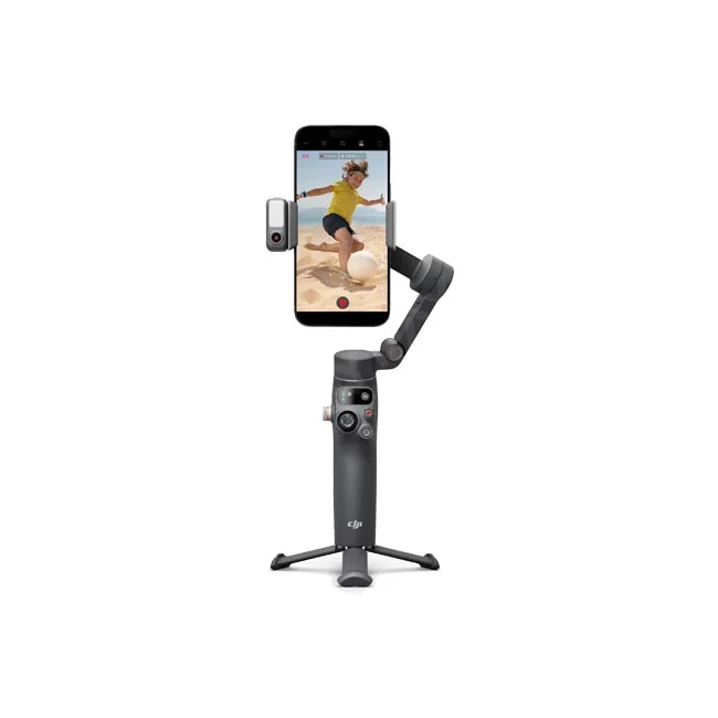 DJI Osmo Mobile 7P スマートフォン装着状態とミニ三脚