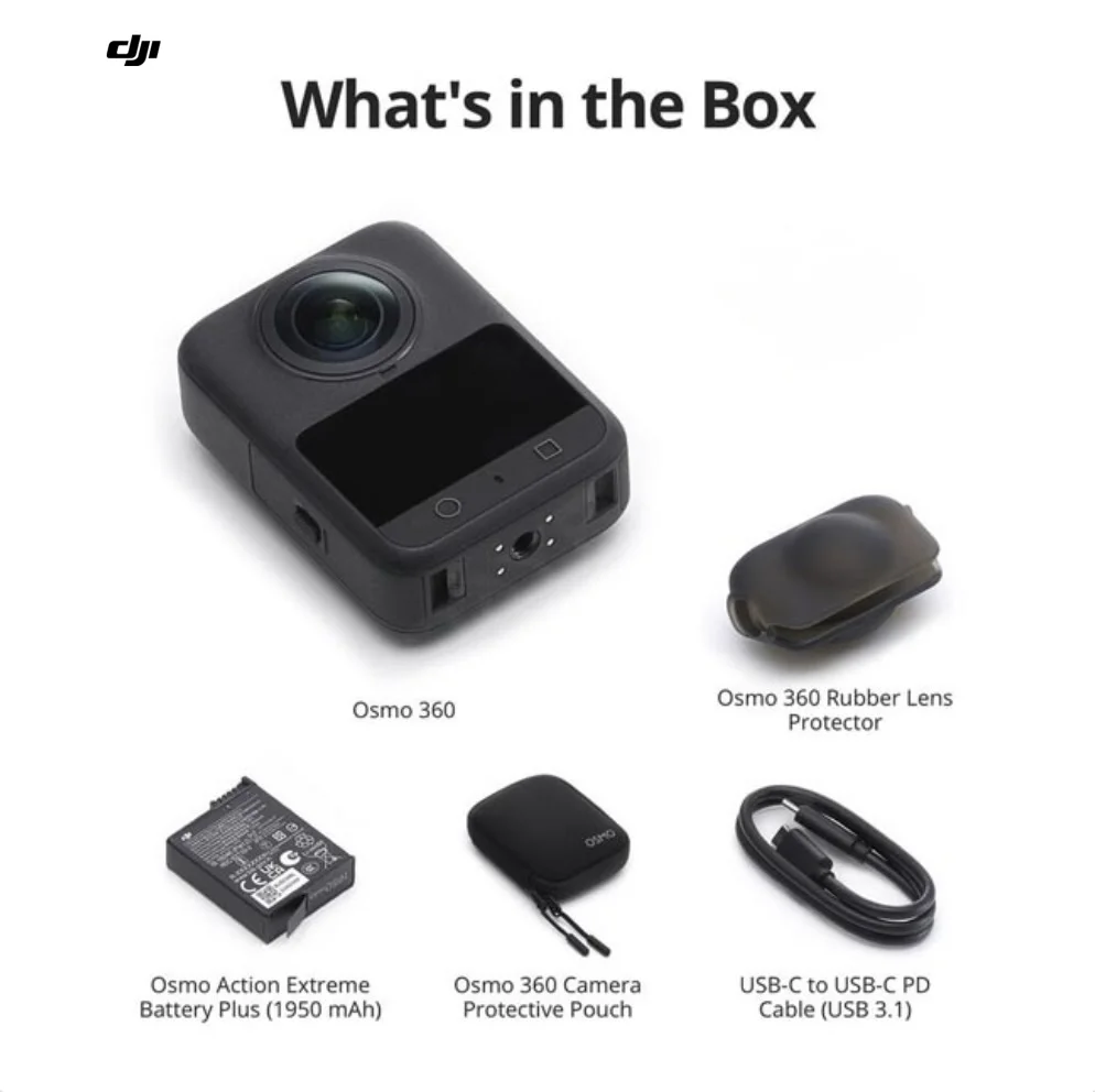 DJI Osmo 360 Standard Comboの同梱品一覧(本体、ラバーレンズプロテクター、バッテリー、保護ポーチ、USB-Cケーブル)