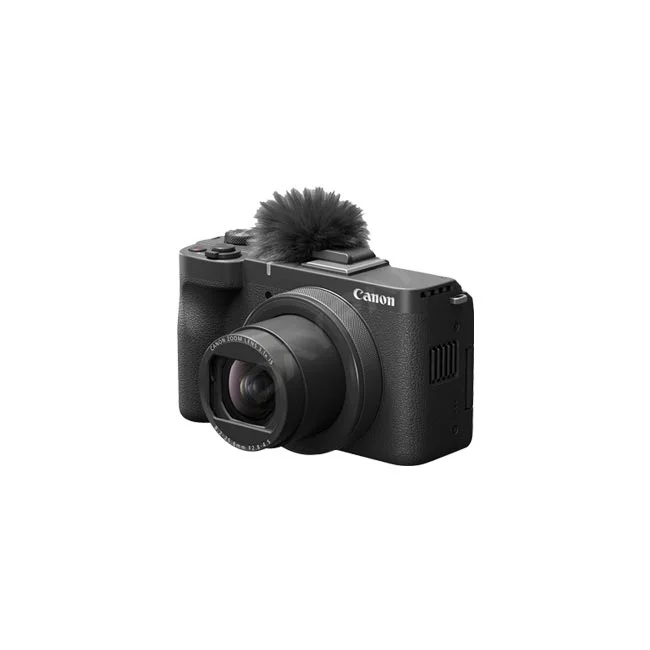 Canon PowerShot V1 ウィンドスクリーン装着時の正面斜めからの外観