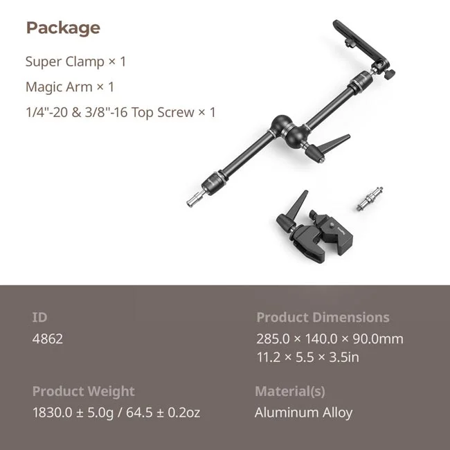SmallRig 4862 Super Clamp Magic Arm Kitの同梱物一覧（スーパークランプ、マジックアーム、トップスクリュー）と製品仕様