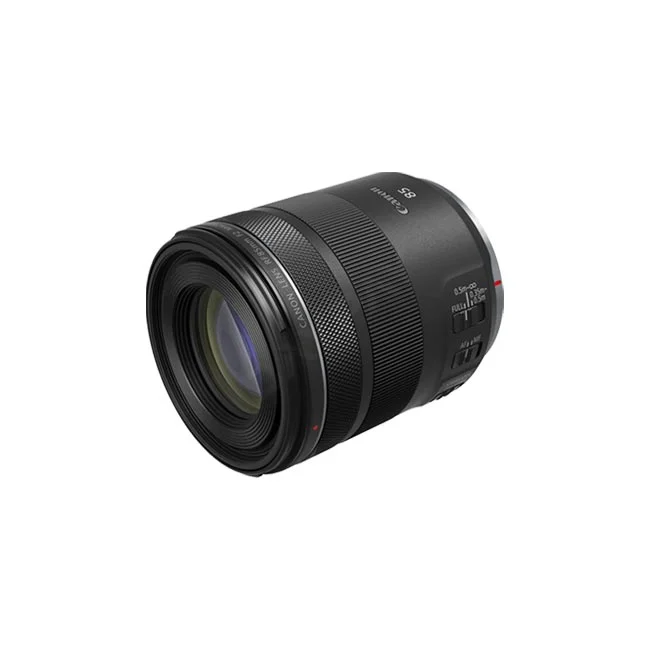 Canon RF85mm F2 MACRO IS STM レンズ本体の斜めからの外観