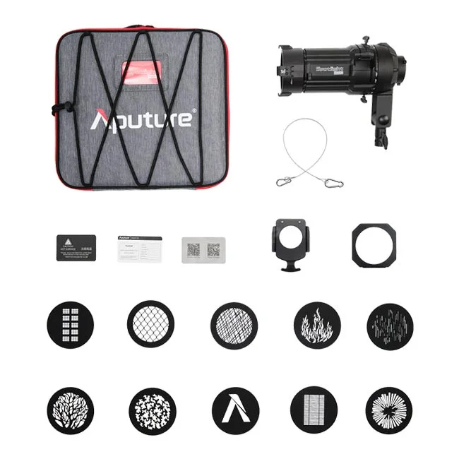 Aputure Spotlight Mini 36° Lens Kitの付属品と専用ケース一式。撮影機材レンタルならデイペイレンタル｜DAYPAY RENTAL