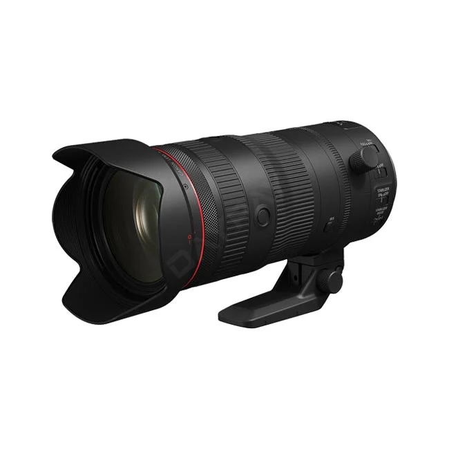 Canon RF24-105mm F2.8 L IS USM Z レンズ本体、レンズフード装着状態および三脚座の斜め前方からの外観