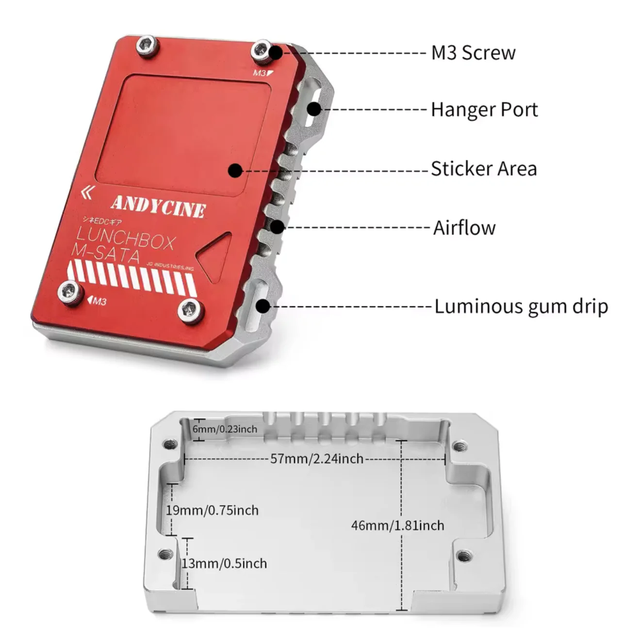 ANDYCINE LUNCHBOX M -SATA 1TB SSDの各部名称やサイズ寸法を示す製品図解