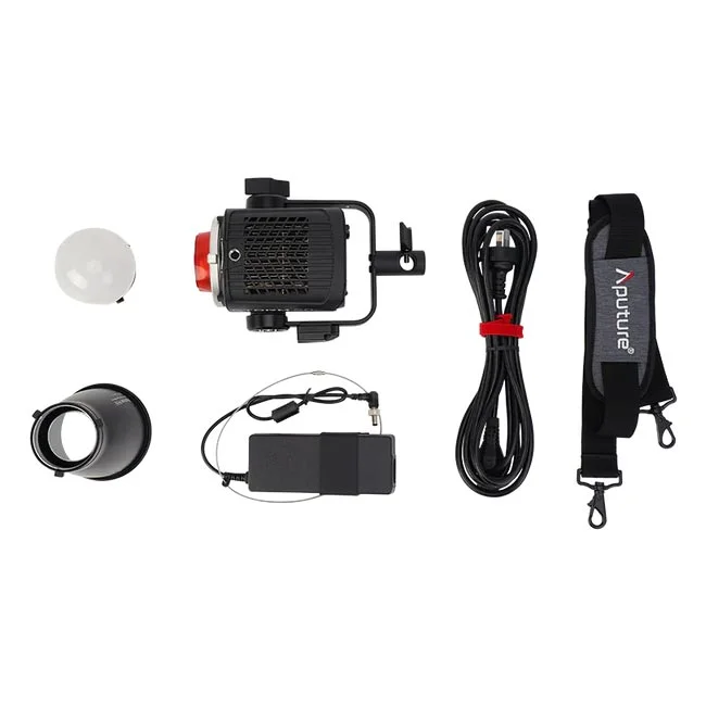 Aputure STORM 80c 本体と付属する各種アクセサリ、電源ケーブル、ACアダプター、ストラップの一式