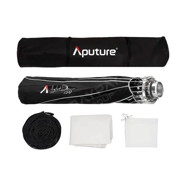 Aputure Light Dome 150 収納バッグ、折りたたまれた本体、および付属品一式