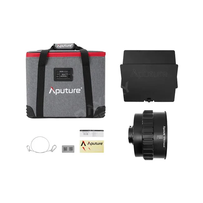 デイペイレンタル｜DAYPAY RENTALで提供するAputure CF10 Fresnel and Barn Doors Kitの付属品一覧。専用キャリングバッグ、バーンドア、フレネルレンズ本体、ワイヤーロープ、書類などが揃った撮影機材レンタルの状態