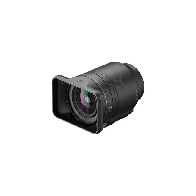 DJI DL PZ 17-28mm T3.0 ASPH レンズの正面斜めからの外観（角形レンズフード装着状態）