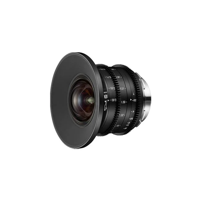 Laowa 12mm T2.9 Zero-D Cine シネレンズの前方斜めからの外観、マットボックス用アダプターリング装着状態。デイペイレンタル｜DAYPAY RENTALの撮影機材レンタルでご利用いただける単焦点レンズの詳細画像です。