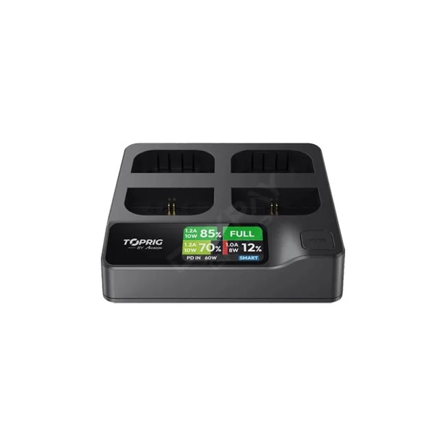 Accsoon TOPRIG 4-Bay LP-E6 Fast Charger 本体正面と充電スロット、ステータス画面