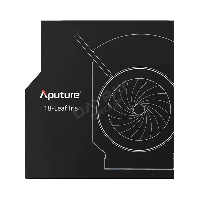 Aputure Spotlight Max 18-Leaf Iris のアイリス部分の製品図とロゴが表示されている様子