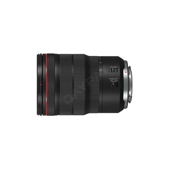 キヤノン Canon RF15-35mm F2.8L IS USM ズームレンズの側面外観、スイッチ部およびマウント側を写したカメラレンタル用の商品詳細画像