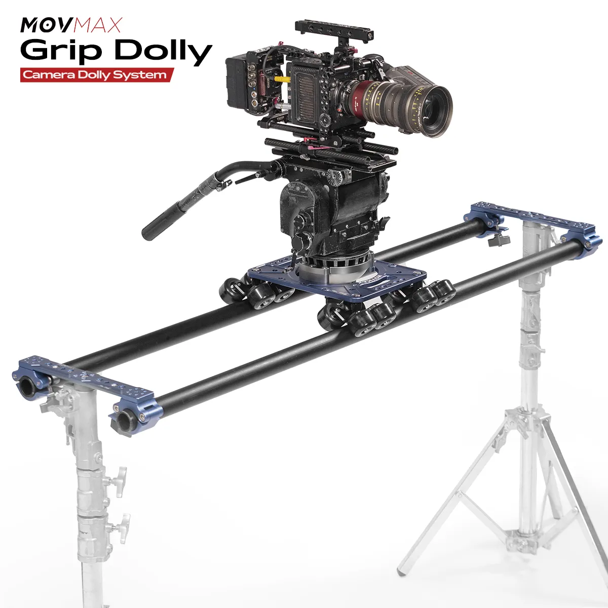 Movmax Grip Dolly Pro Kit トラック上のカメラ装着状態と全体セットアップ