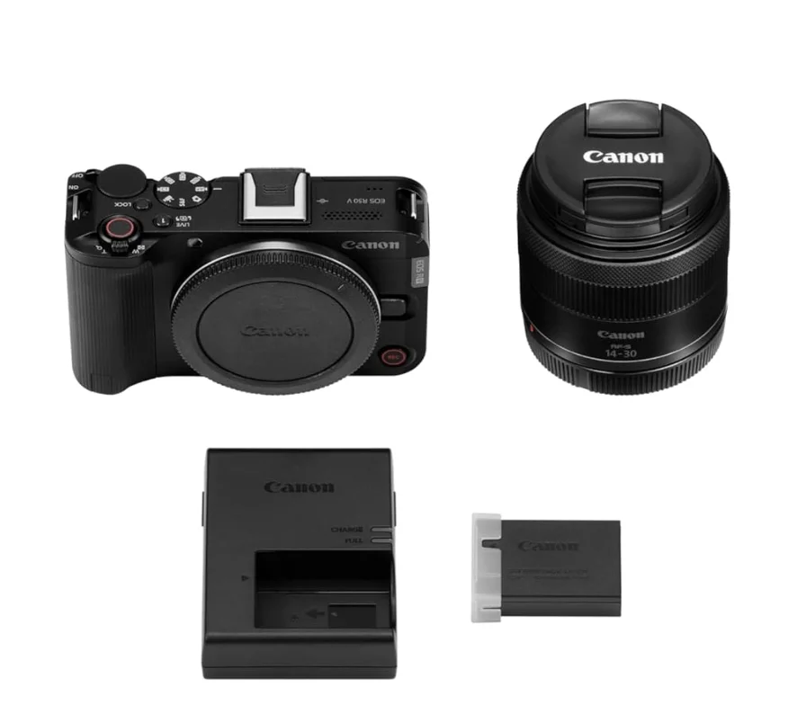Canon EOS R50V レンズキットの本体、レンズ、バッテリーチャージャー、バッテリーなどの同梱物一式