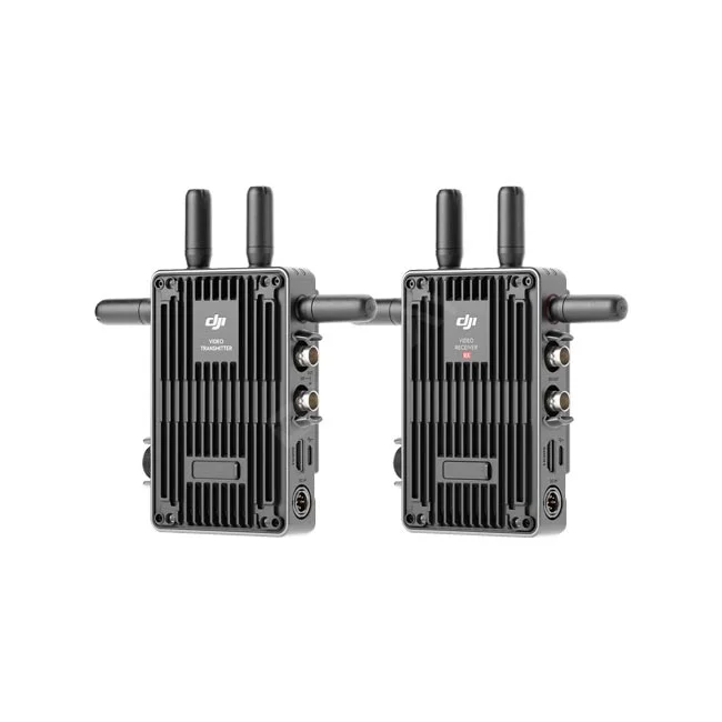 DJI Transmission 送受信機セット（TX/RX）の本体正面および側面の端子部・アンテナ配置がわかる全体像