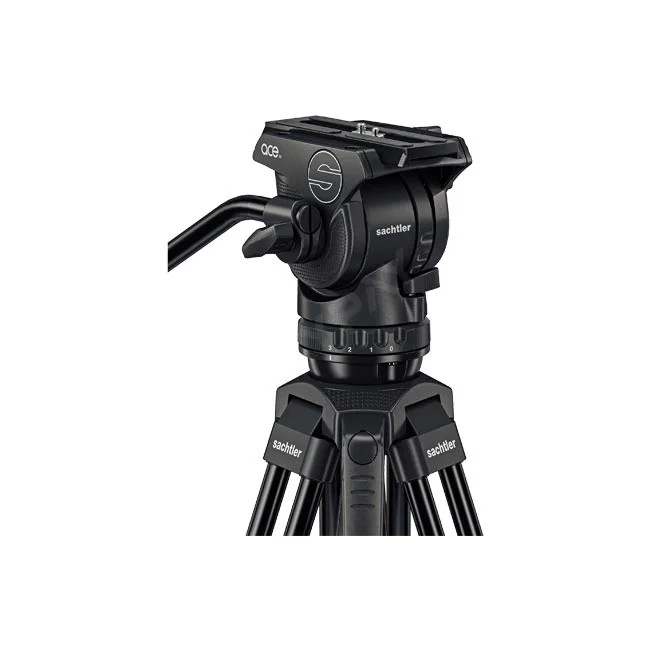 Sachtler Ace M GS MK II 雲頭および三脚上部の操作部・カウンターバランスダイヤル付近のクローズアップ