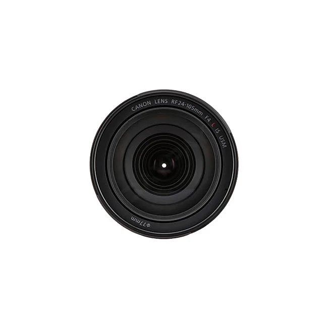 キヤノン（Canon）の交換レンズ「Canon RF24-105mm F4L IS USM」の前面正面からの詳細画像。レンズ前玉およびフィルター径77mmの表記が確認できる撮影機材レンタル時の確認用カット。デイペイレンタル｜DAYPAY RENTAL