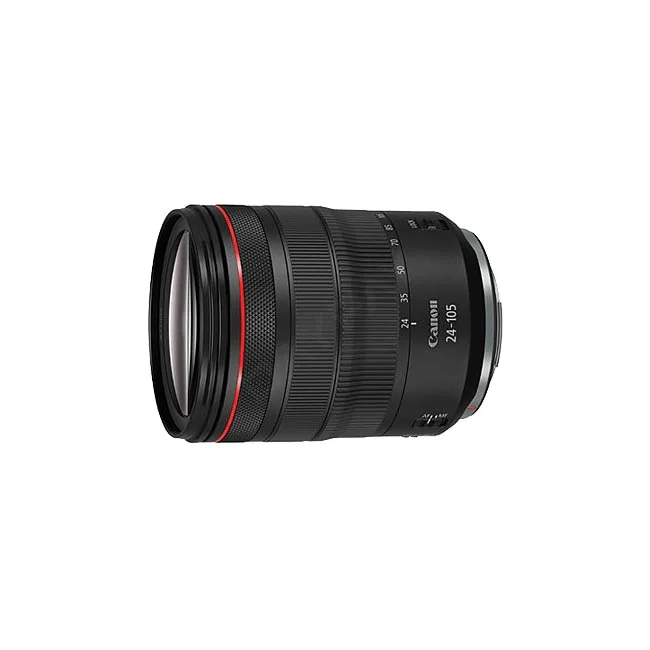 キヤノン（Canon）のズームレンズ「Canon RF24-105mm F4L IS USM」本体の側面からの外観。デイペイレンタル｜DAYPAY RENTALのカメラレンタル・撮影機材レンタルでご利用いただける標準ズームレンズの製品詳細画像です。