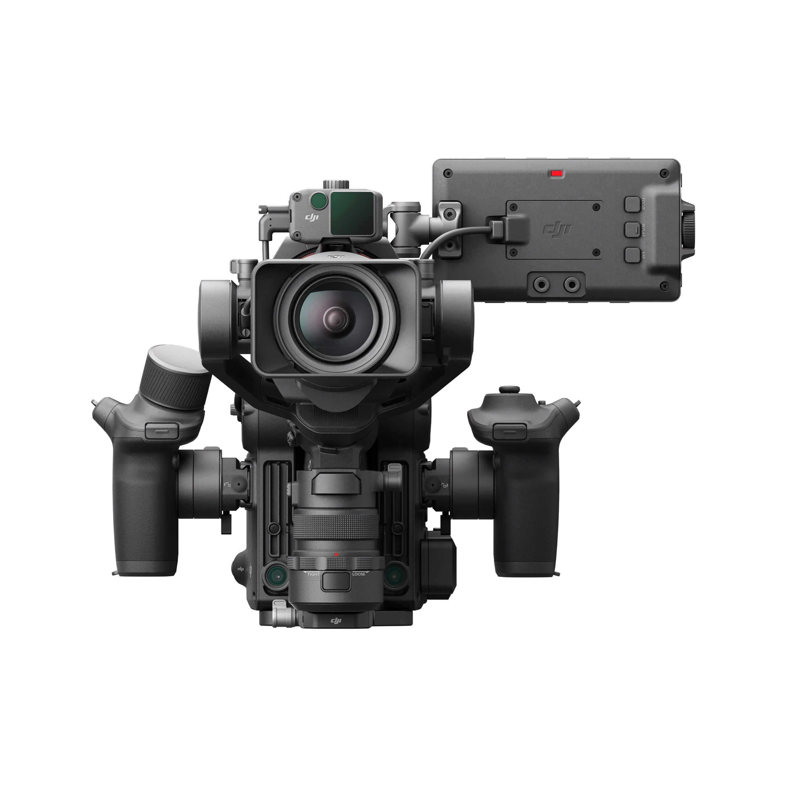 DJI Ronin 4D-8Kの正面からの外観、モニターやハンドルを装着した状態