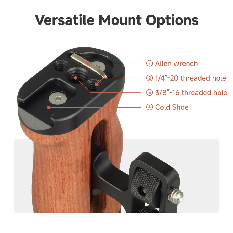 Accsoon ACC35 Side Handleの上部マウント部とネジ穴、コールドシューを示すクローズアップ
