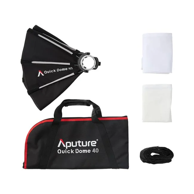 Aputure Quick Dome 40の本体、キャリングバッグ、ディフューザー、付属品一式
