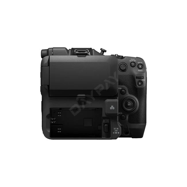 キヤノン Canon EOS C80の背面バッテリー収納部や操作ボタン周辺を示す撮影機材レンタル時の詳細画像。デイペイレンタル｜DAYPAY RENTALのカメラレンタルでご利用いただける業務用シネマカメラの構造です。