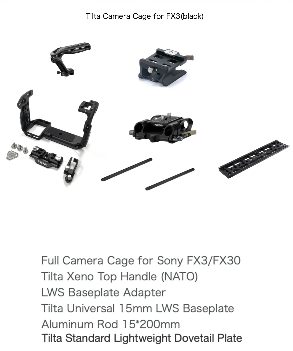 Tilta Camera Cage for FX3の構成品（フルカメラケージ、トップハンドル、LWSベースプレート、ロッド、ダブテールプレートなど）を示す仕様画像