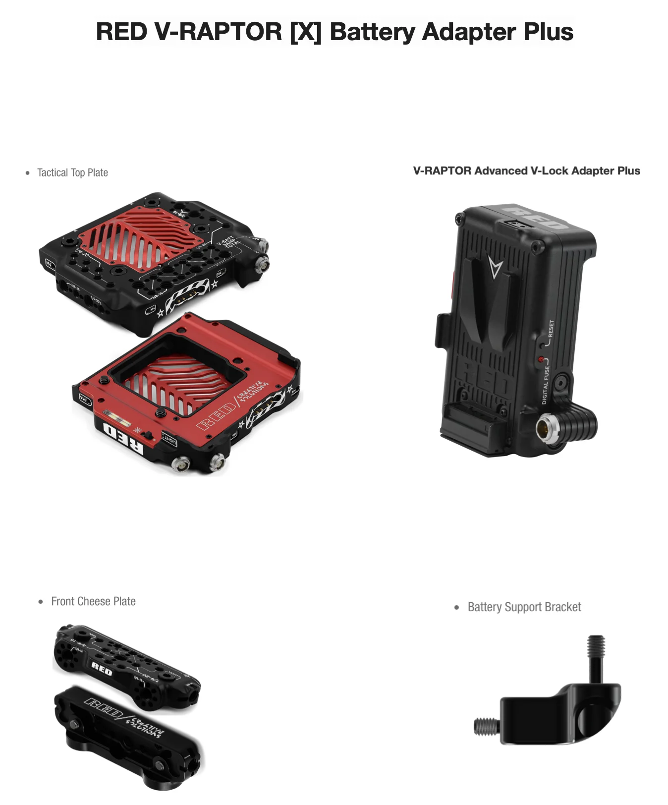 RED V-RAPTOR [X] Battery Adapter Plusの構成品を示す仕様画像（Tactical Top Plate、V-RAPTOR Advanced V-Lock Adapter Plus、Front Cheese Plate、Battery Support Bracket）
