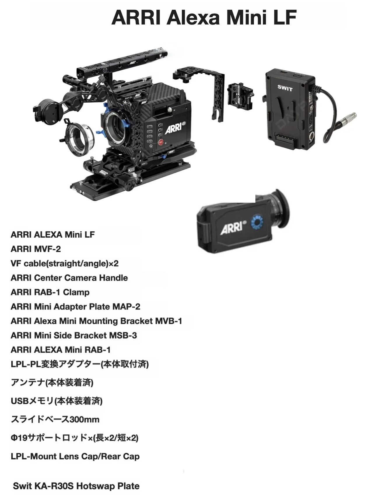 ARRI Alexa Mini LF本体、MVF-2、カメラハンドル、各種ブラケット、LPL-PL変換アダプター、スライドベース、Swit KA-R30S Hotswap Plateを示した同梱品一覧画像