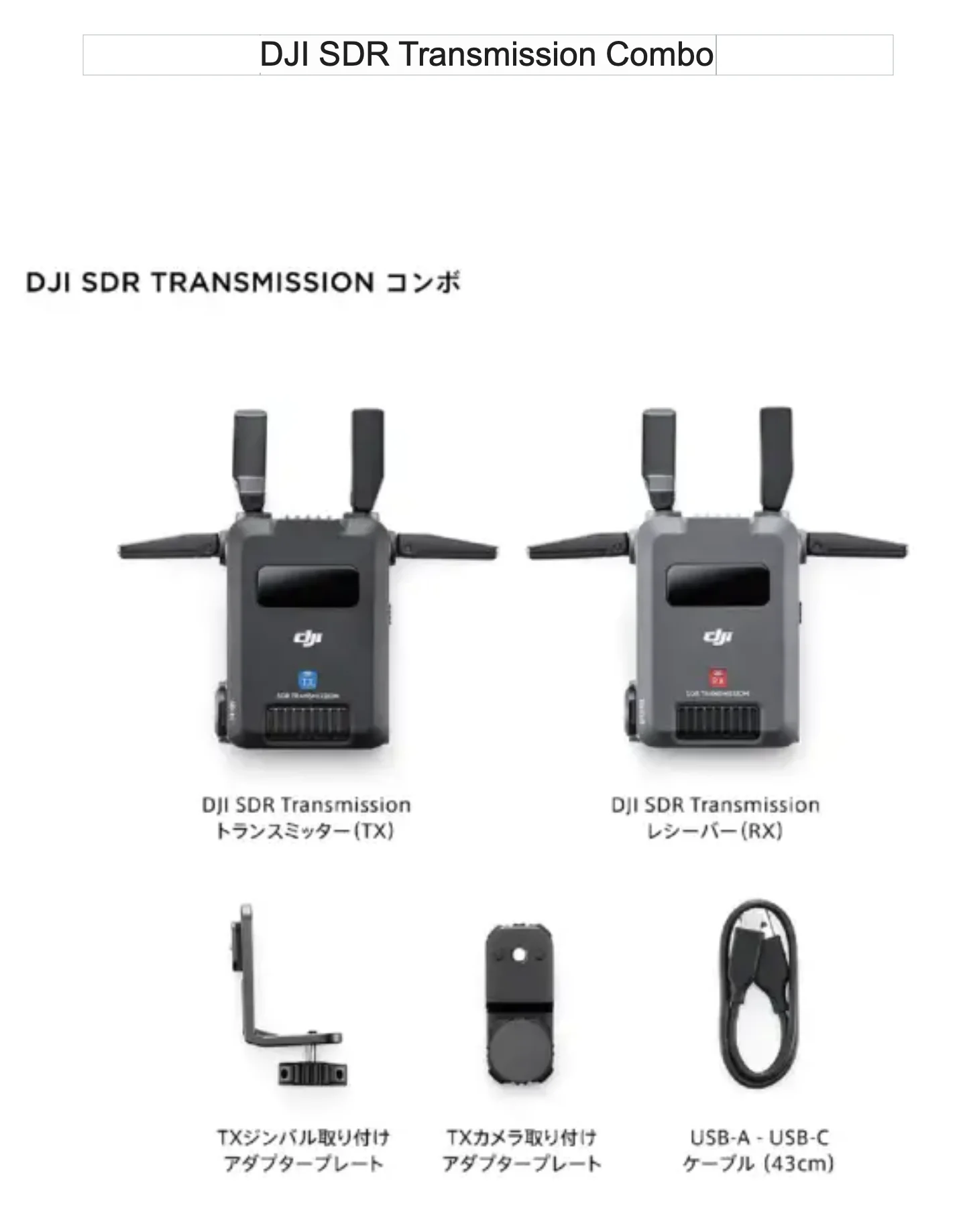 DJI SDR Transmission コンボの同梱物一覧（トランスミッター、レシーバー、TXジンバル取り付けアダプタープレート、TXカメラ取り付けアダプタープレート、USB-A - USB-Cケーブル）