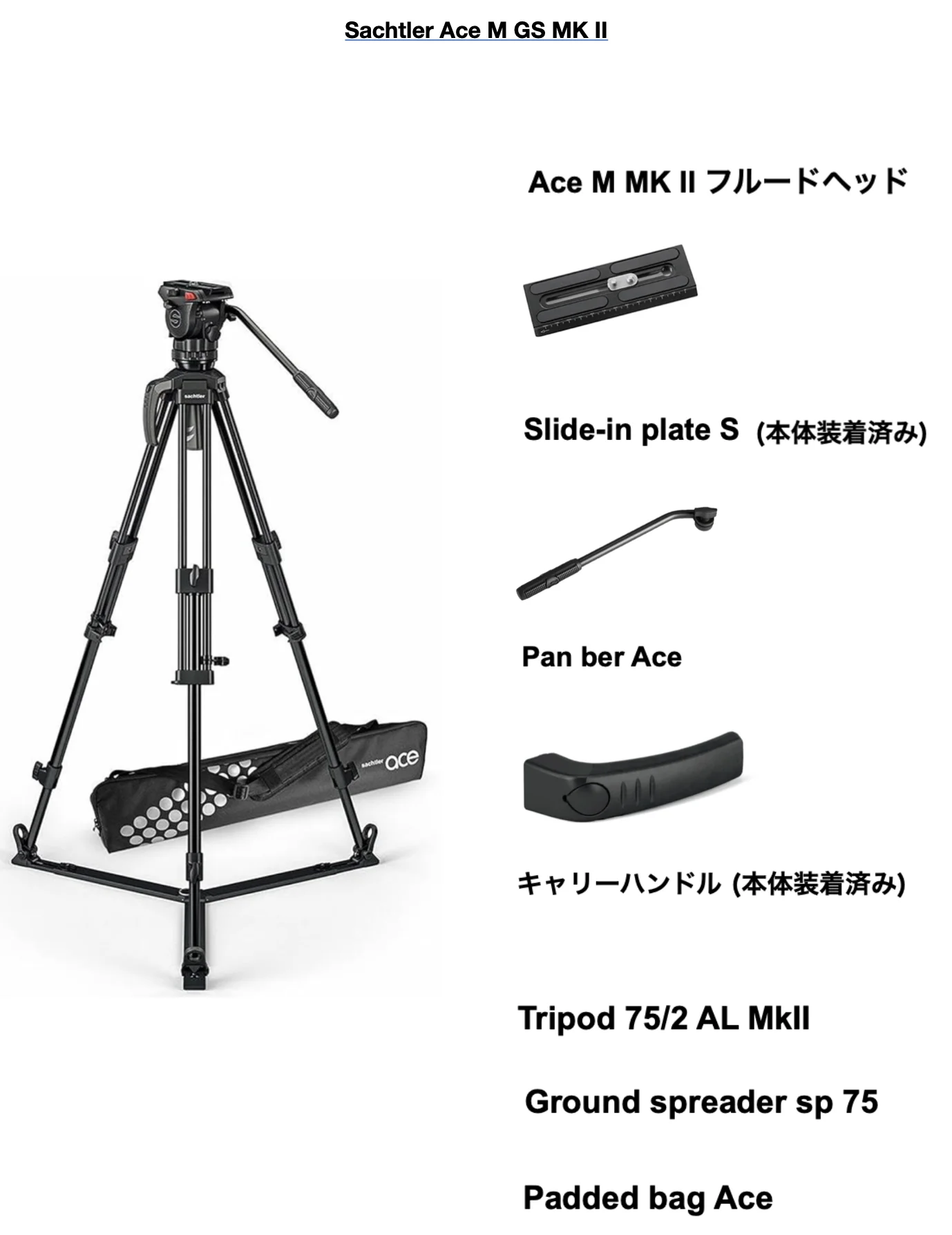Sachtler Ace M GS MK IIの同梱物一覧画像：Ace M MK II フルードヘッド、Slide-in plate S、パンバー、キャリーハンドル、Tripod 75/2 AL MkII、グラウンドスプレッダー、パッド入りバッグを表示