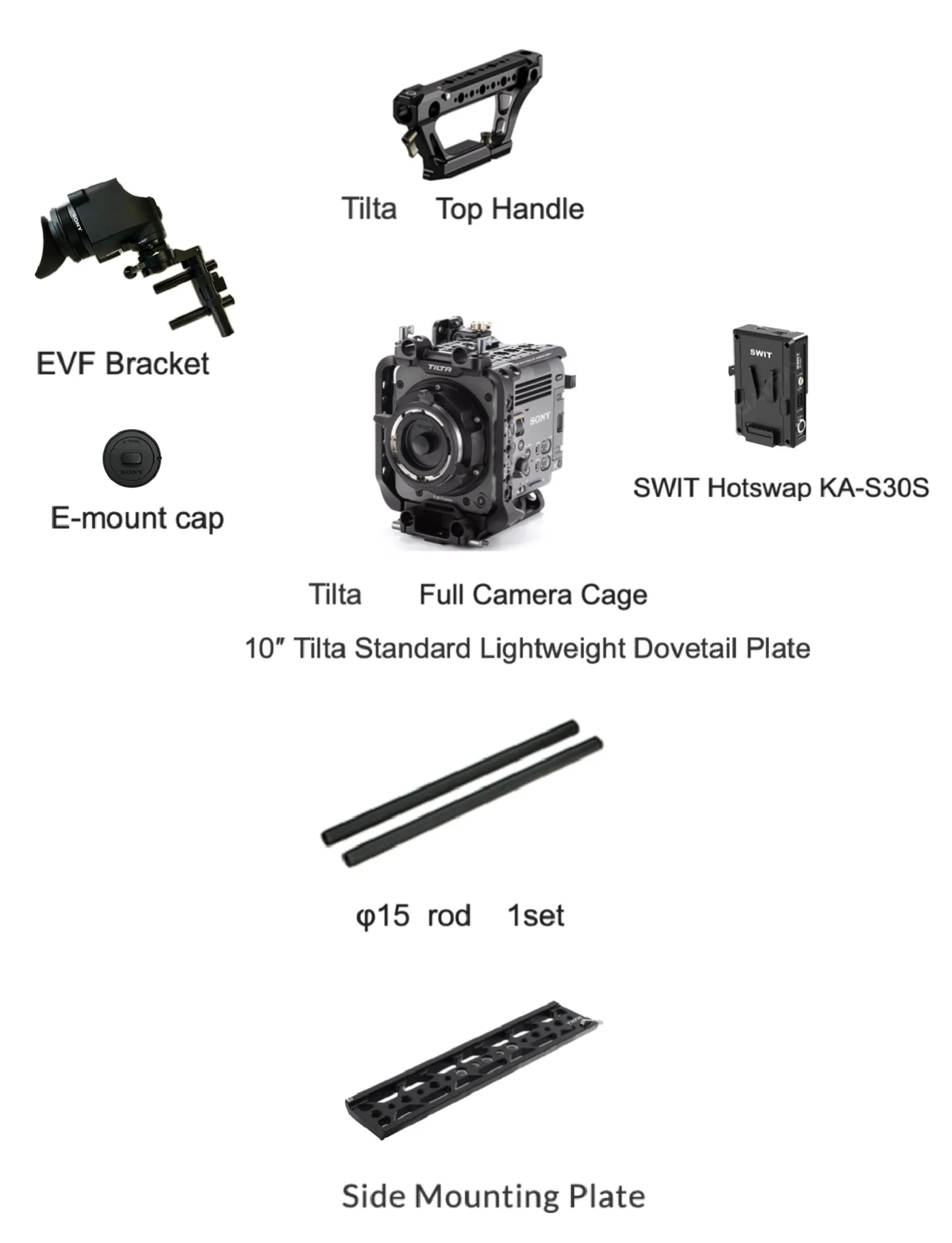 Sony BURANOの同梱品および関連アクセサリー（Tilta Full Camera Cage、Top Handle、EVF Bracket、Side Mounting Plate、10" Tilta Standard Lightweight Dovetail Plate、E-mount cap、SWIT Hotswap KA-S30S、φ15 rod 1set）の一覧