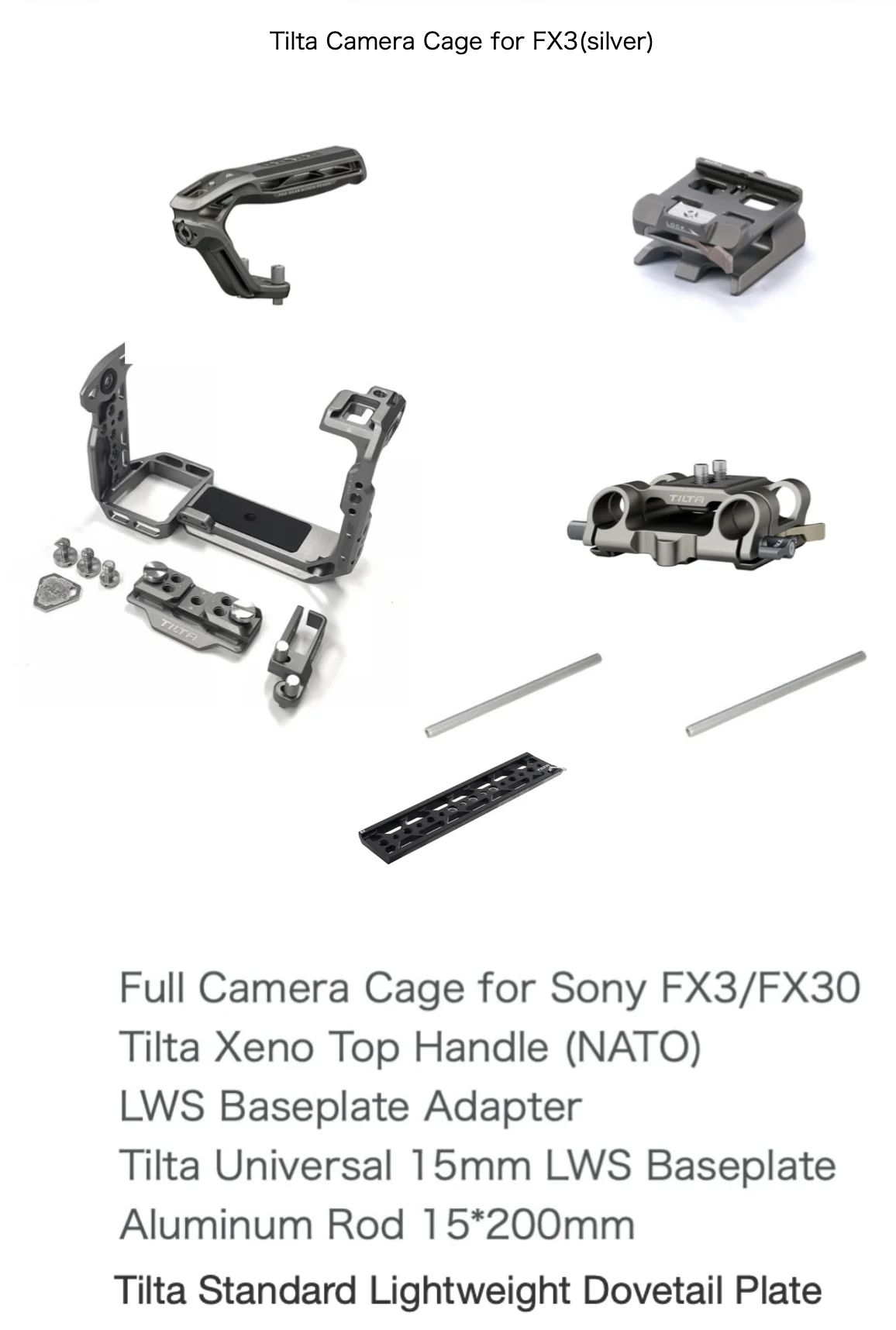 Tilta Camera Cage for FX3の同梱物と各パーツの構成を示す仕様画像