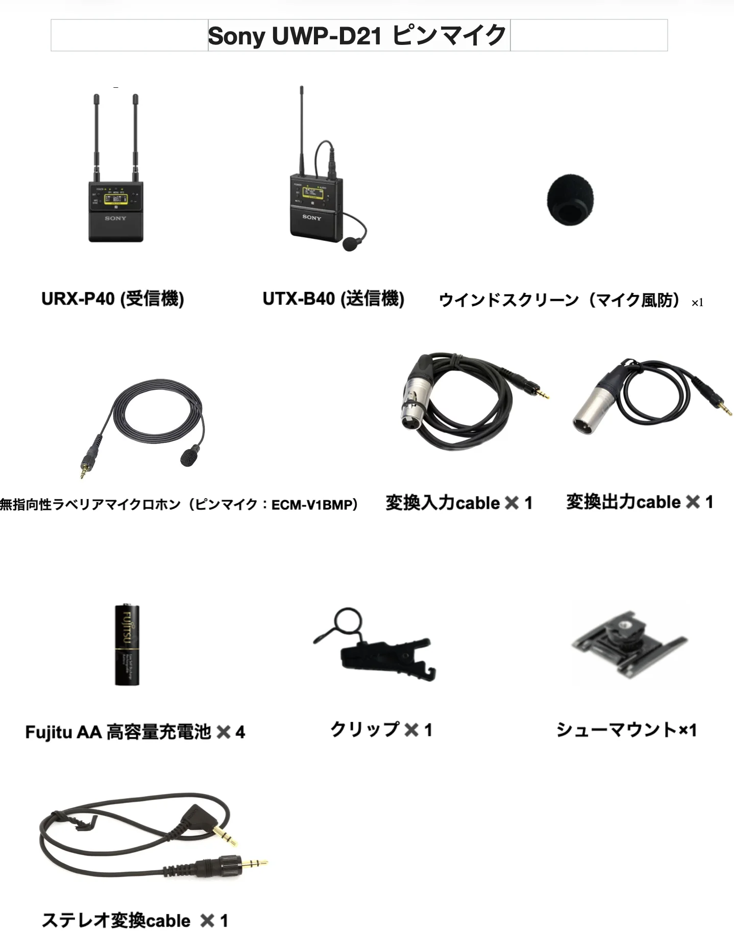 Sony UWP-D21 ピンマイクの同梱物一覧（URX-P40受信機、UTX-B40送信機、ECM-V1BMPラベリアマイクロホン、ウインドスクリーン、各種ケーブル、電池、クリップ、シューマウント）