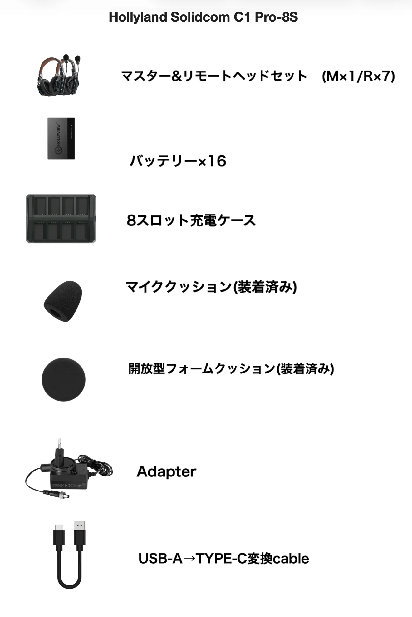 Hollyland Solidcom C1 Pro-8Sの同梱品一覧：マスター＆リモートヘッドセット（M×1／R×7）、バッテリー×16、8スロット充電ケース、装着済みマイククッション、装着済み開放型フォームクッション、Adapter、USB-A→TYPE-C変換cable