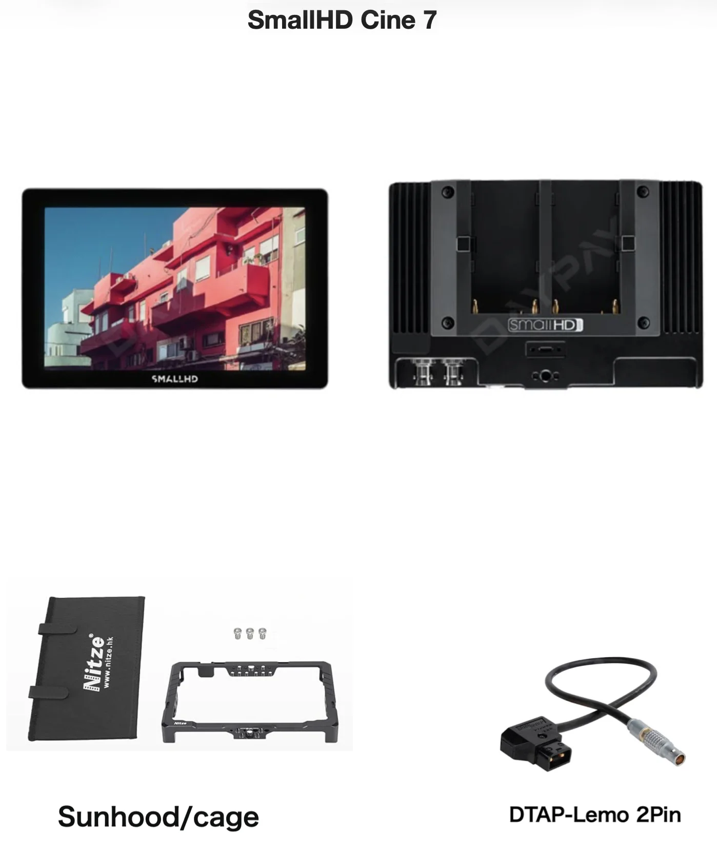 SmallHD Cine 7モニター本体、背面、Nitze製サンフード・ケージ、DTAP-Lemo 2Pinケーブルの同梱物全体がわかる仕様画像