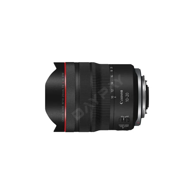 キヤノンの超広角ズームレンズ「Canon RF10-20mm F4 L IS STM」の本体外観。デイペイレンタル｜DAYPAY RENTALのカメラレンタル・撮影機材レンタルでご利用いただける撮影機材です。