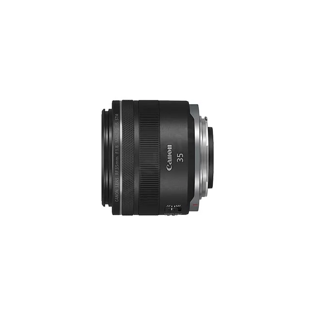 キヤノン（Canon）の単焦点レンズ「Canon RF35mm F1.8 MACRO IS STM」の側面からの外観。デイペイレンタル｜DAYPAY RENTALのカメラレンタル・撮影機材レンタルでご利用いただけます。