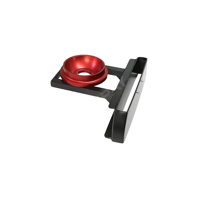 デイペイレンタル｜DAYPAY RENTALでレンタル中の撮影機材、Backstage Euroball Mount 150Φ（バックステージ ユーロボールマウント 150mm）の製品本体。黒いフレームに赤い150mm径ボールマウント部が装着された状態。