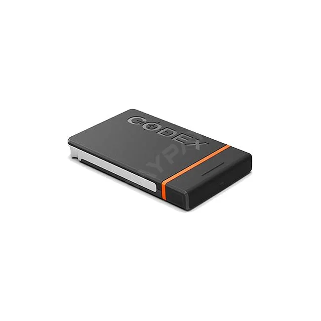 撮影機材レンタルならデイペイレンタル｜DAYPAY RENTAL。ARRI Codex Compact Drive 1TBの本体（CODEXのロゴとオレンジのラインが入ったメモリーカード）