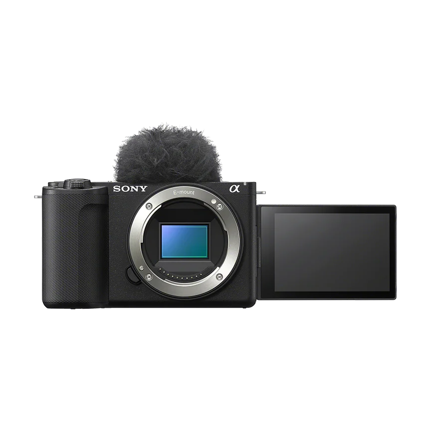 デイペイレンタル｜DAYPAY RENTALでレンタルできるSony ZV-E10M IIのカメラレンタル・撮影機材レンタル商品画像。ウインドスクリーン付きの本体と展開した液晶モニターが確認できます。