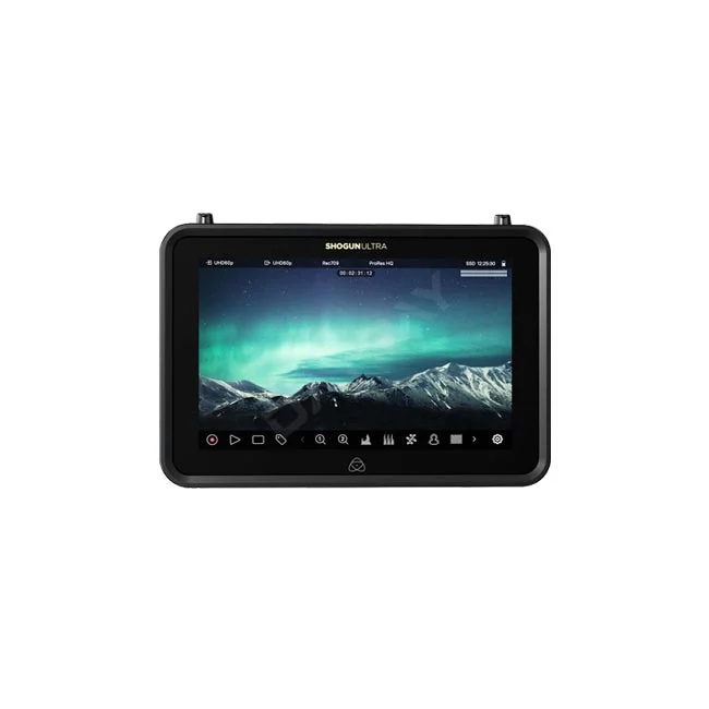 デイペイレンタル｜DAYPAY RENTALで提供するAtomos Shogun ULTRAの撮影機材レンタル。オーロラと山並みの映像が表示された7インチモニターレコーダー本体。