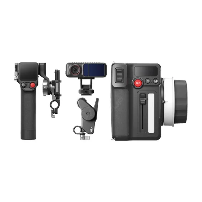 デイペイレンタル｜DAYPAY RENTALでレンタルできるDJI Focus Pro All-in-One Comboの同梱物一式（グリップ、LiDAR、モーター、ハンドユニット）を示す撮影機材レンタル用の製品画像