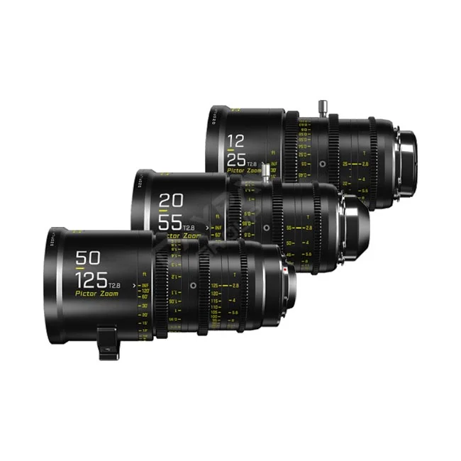 デイペイレンタル｜DAYPAY RENTALでレンタル可能なDzofilm Pictor 3 Lens Kitの撮影機材レンタル。3本のシネマズームレンズ（12-25mm、20-55mm、50-125mm）が並んだ状態