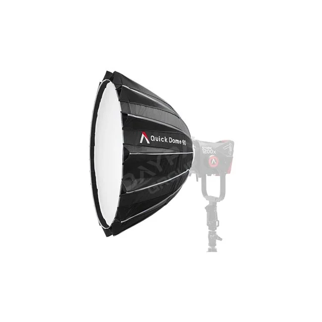 デイペイレンタル｜DAYPAY RENTALで提供する撮影機材レンタル用のAputure Quick Dome 90ソフトボックス。ライトに取り付けられた状態を横から見た様子。