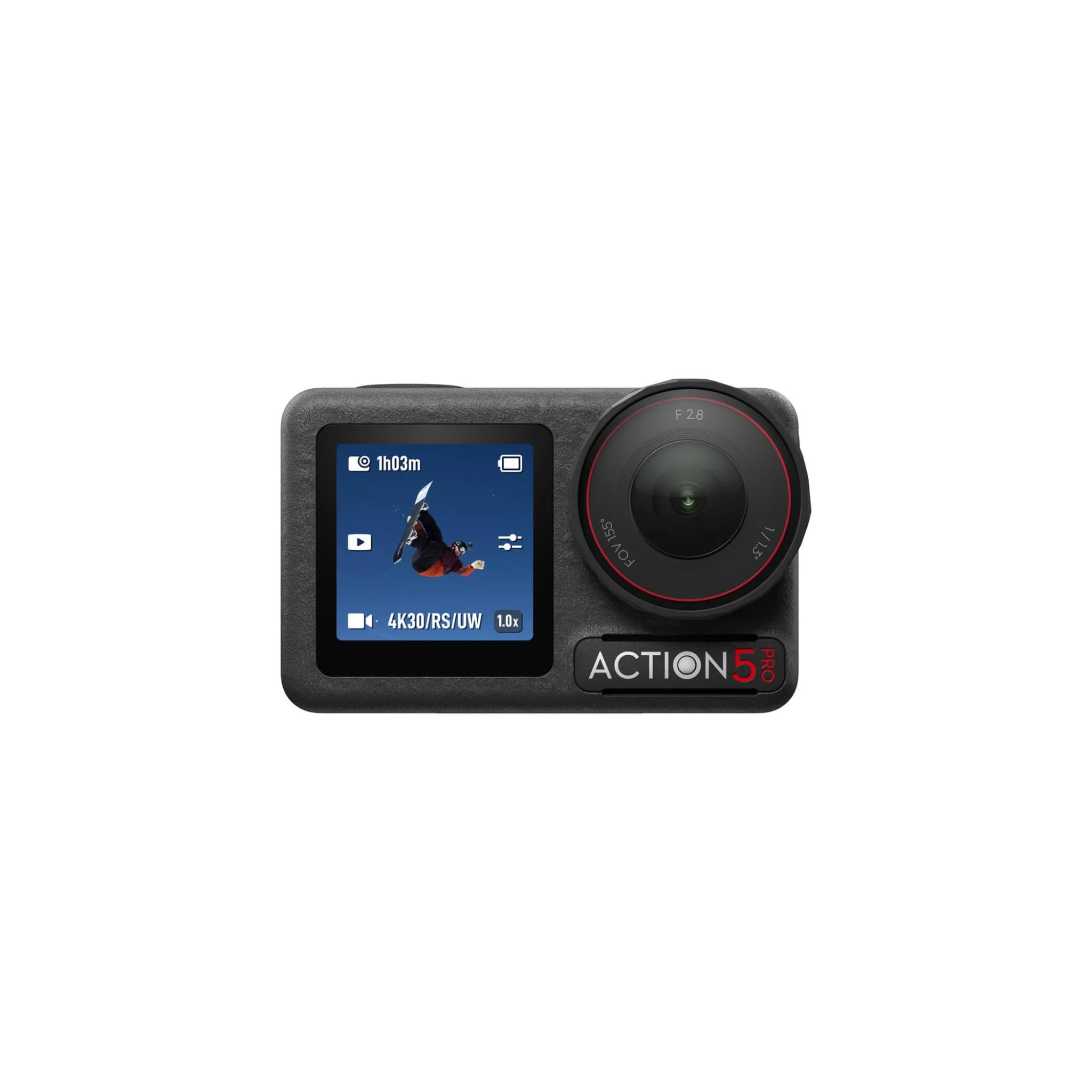 DJI Osmo Action 5 Pro本体のフロント画面とレンズ側を示した撮影機材レンタルの商品画像。デイペイレンタル｜DAYPAY RENTALのカメラレンタルでご利用いただけます。