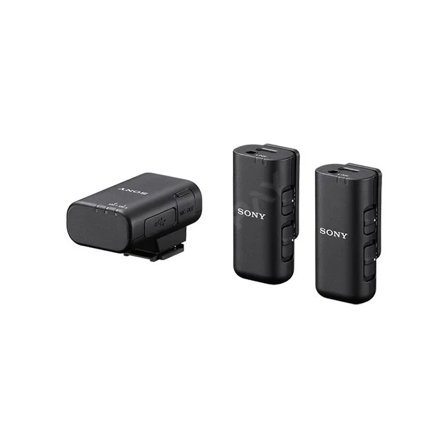 Sony ECM-W3 ワイヤレスピンマイクの本体セット（レシーバーと2つのマイク）の画像。撮影機材レンタルならデイペイレンタル｜DAYPAY RENTAL