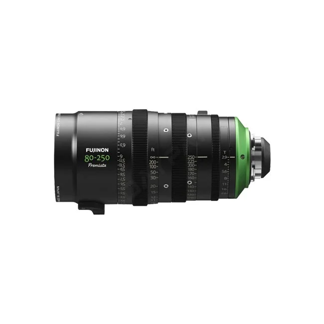 デイペイレンタル｜DAYPAY RENTALでレンタル可能なFUJINON Premista 80-250mmシネマレンズの製品画像。黒色の鏡胴に緑色のアクセントが入り、各リングや目盛りが確認できる状態。