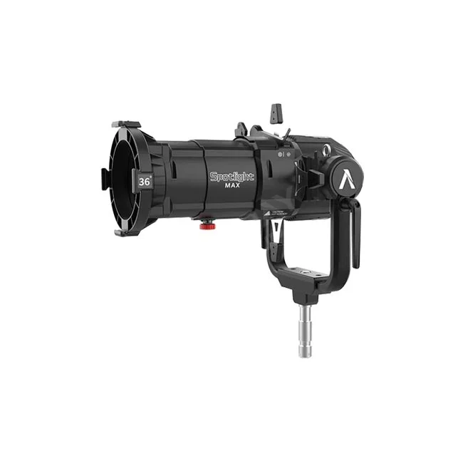 デイペイレンタル｜DAYPAY RENTALでレンタルできるAputure Spotlight Max 36° Lens Kitの撮影機材レンタル用トップ画像。黒色のプロジェクションアタッチメント本体とヨークが写っています。